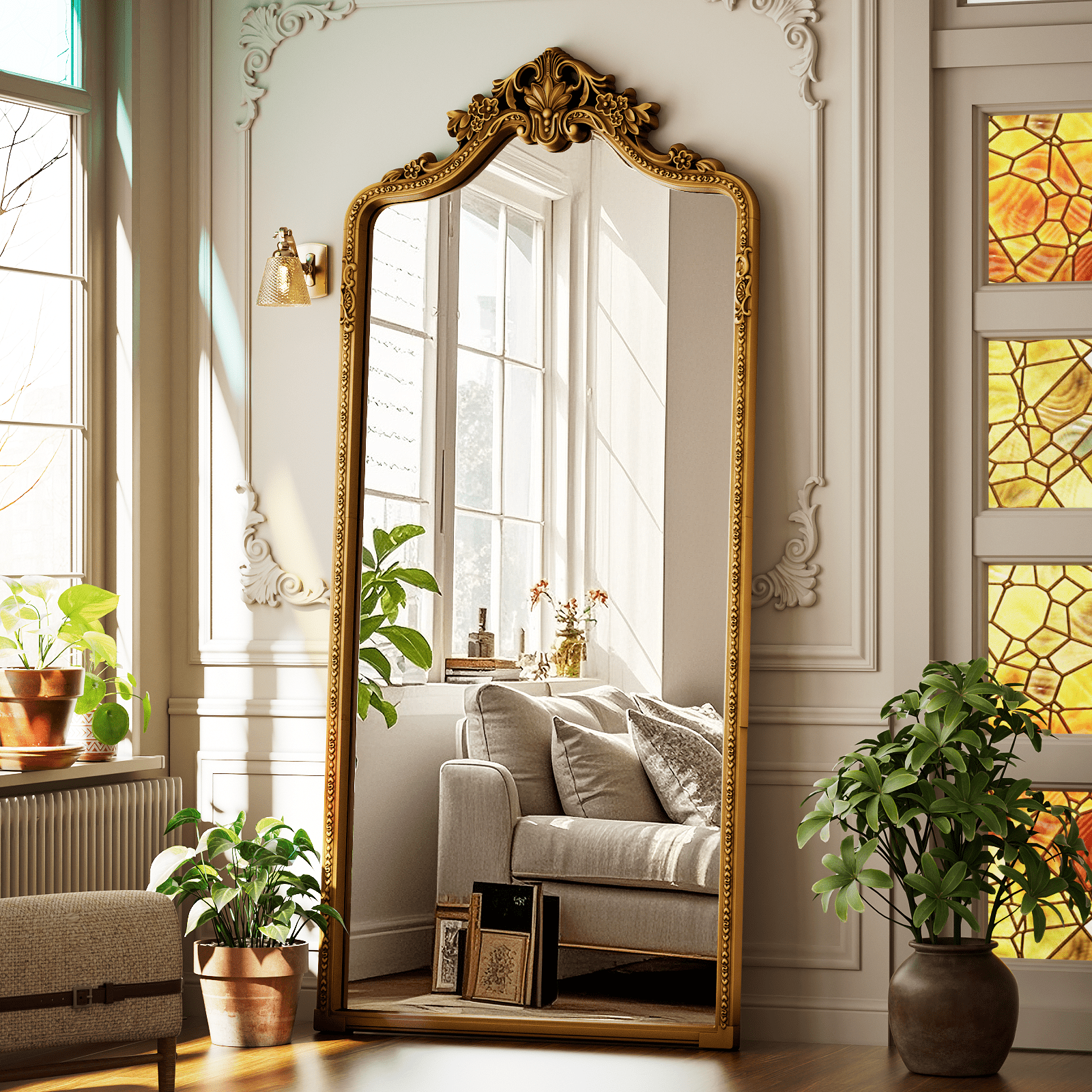 Easy4Home 71"x32" Arched Full-Length Floor Mirror, Luxurious Vintage Design with Ornate Carving, Antique Gold