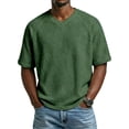 thumbnail image 2 of Men's V-Neck Raglan Short Sleeve T-Shirt, Waffle Knit Casual Tee with Contrast Sleeves, Plus Size Loose Fit Top Army Green L, 2 of 4