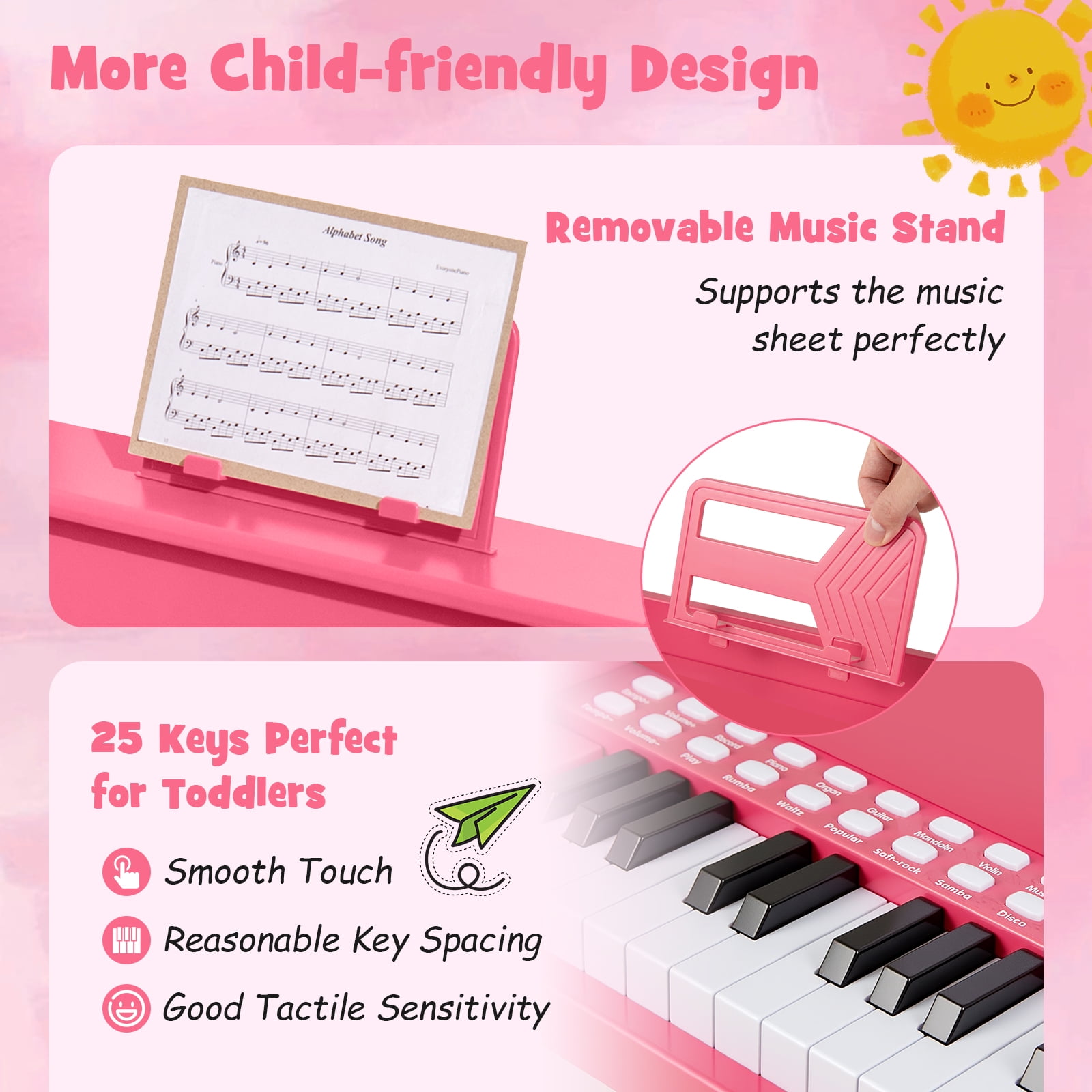 Patiojoy 25 Lighted Keys Kids Piano Keyboard with Stool Mini Digital Piano Wooden Toy Pink