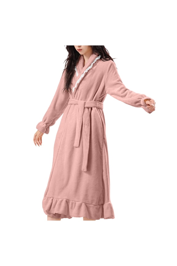 Ruffle Fleece Maxi Robe for Women Lace Trim Fuzzy Soft Kimono Bathrobe Warm Winter Long Sleeve Nightgown Sleepwear