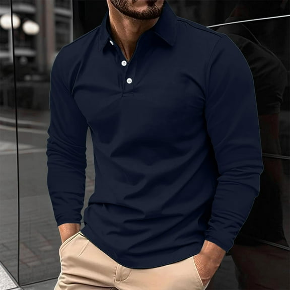 hlysgo Mens Button up Shirts Business Casual Long Sleeve Shirt for Men Lapel Work T-shirt Lightweight Solid Color Going Out Tops Golf Shirts Navy XXL