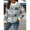 thumbnail image 4 of Women Snowflake Pattern Sweater Contrast Trim Crew Neck Long Sleeve Knit Tops Casual Loose Fit Pullover Sweaters Blue L, 4 of 10