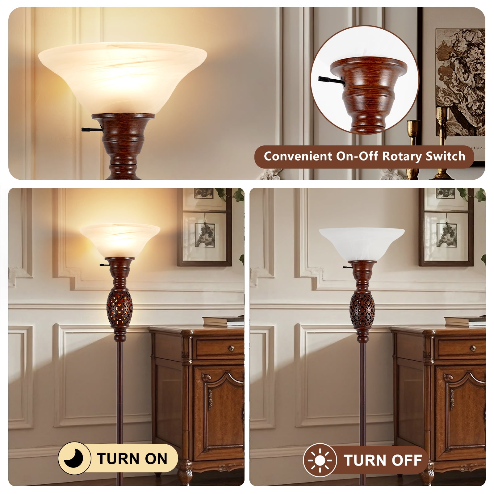 NATYSWAN 70" Torchiere Floor Lamp with NightLight - Victorian Style Standing Lamp for Living Room, Bedroom, Office - Retro Floor Lamps with Rotary Switch & Etched Glass Shade, Home Decor