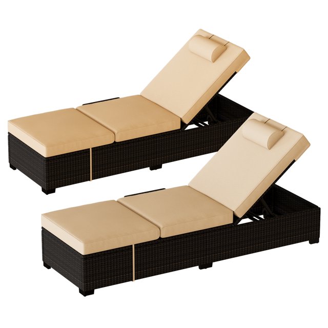 Outdoor Chaise Lounge Chair Set of 2, PE Wicker Recliners With Adjustable Backrest, Sunbathing Rattan Reclining Chair With Thicken Cushion