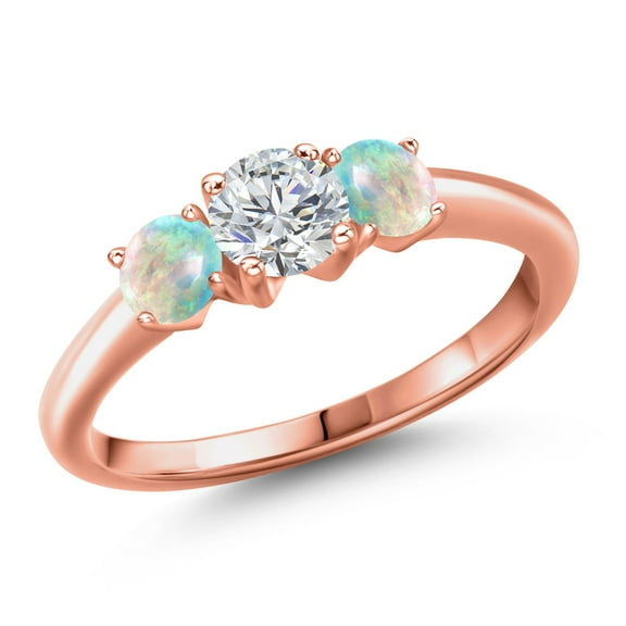 Gem Stone King 18K Rose Gold Plated Silver Lab Grown Diamond and Simulated White Opal Engagement Ring for Women | 1.00 Cttw | Round 5MM | Gemstone April Birthstone | Size 9