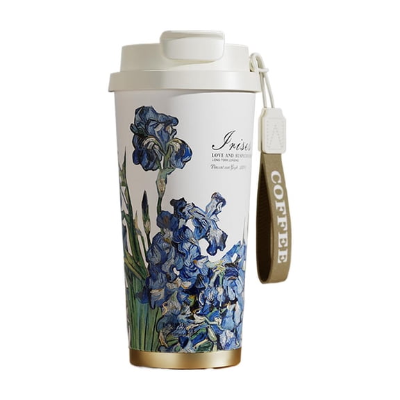 Floral Oil Painting Vacuum Insulated Mug, 500ml Ceramic Liner Stainless Steel Travel Cup with Leak-Proof Lid, Fits Car Cup Holder, Keeps Beverages Hot/Cold for 12 Hours (17oz)