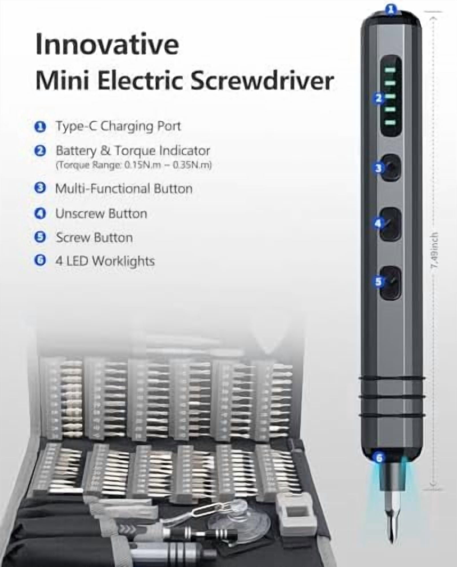 Mini Electric Screwdriver Set 140-IN-1:  Small Electric Screwdriver Cordless - 5 Torque Settings, 120 Precision Bits, LED Light, Magnetic Power Screwdriver Repair Tool Kit for PC RC Electronics