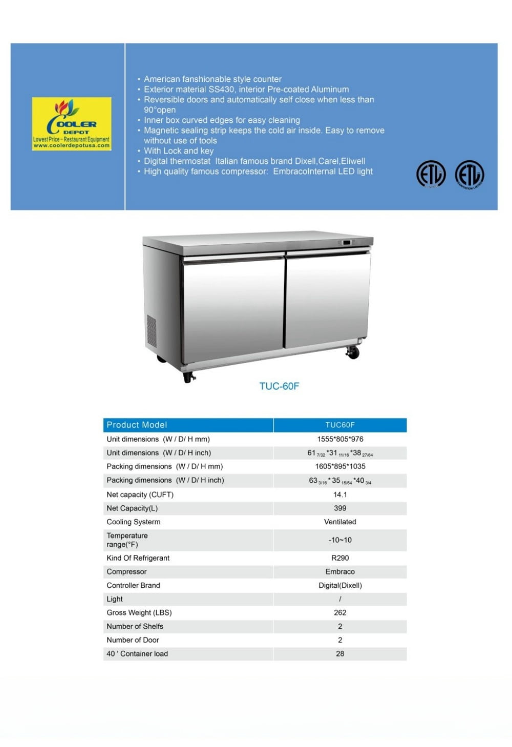 Cooler Depot 61 inch 14.1 cu.ft, 38" heigh Commercial Undercounter Freezer, 2 Solid Doors, Stainless steel exterior, NSF certified.