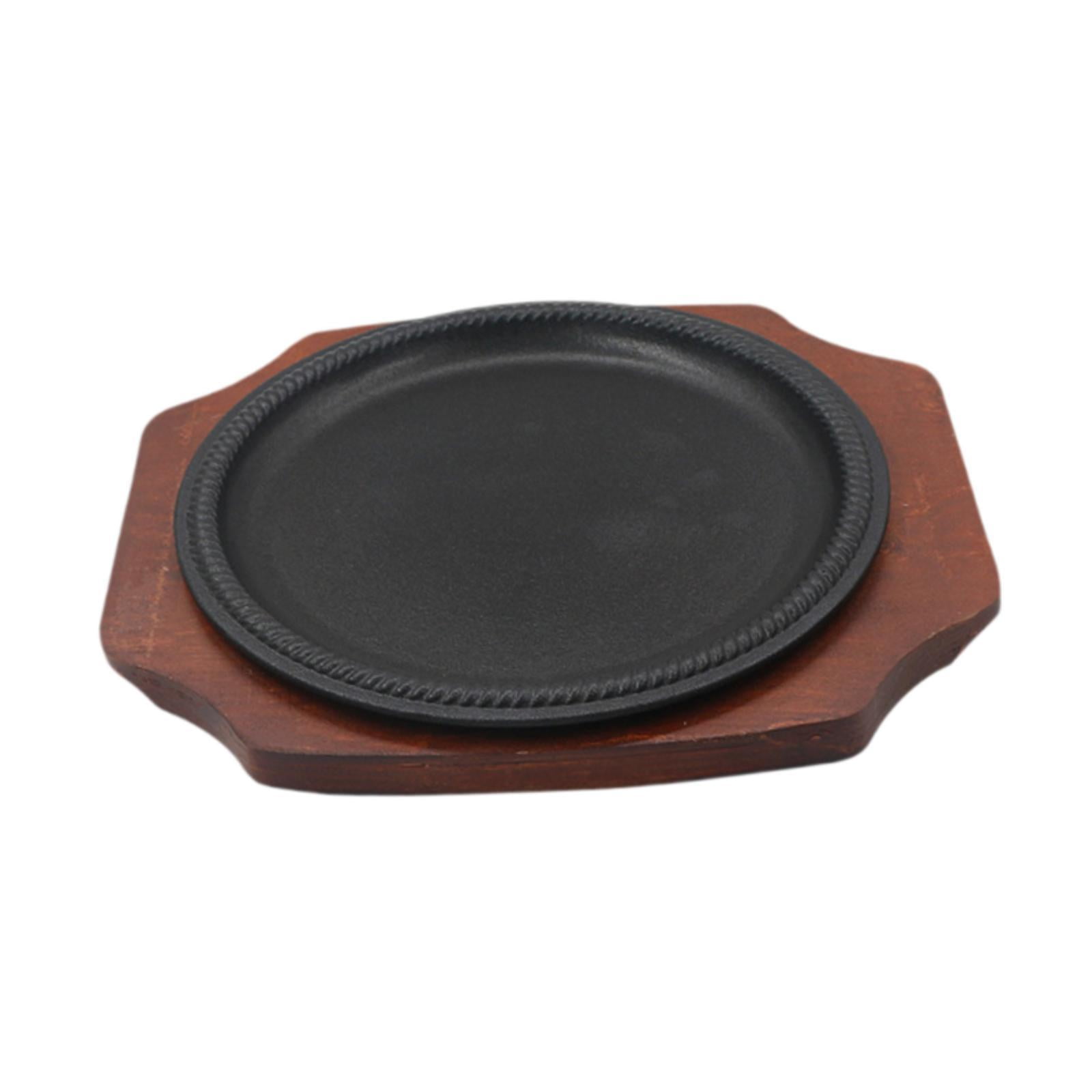 TISHITA Griddle Steak Plate Tray Nonstick with Wooden Base Platter Sizzling Steak Plate Iron Griddle Pan for Home Kitchen Stovetops L