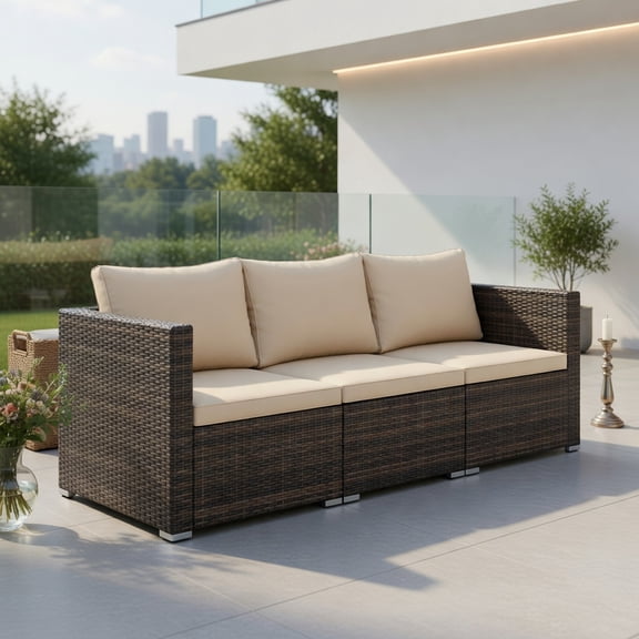 Resenkos 3-Piece Beige & Grey Outdoor Sectional Sofa Set – PE Rattan Patio Furniture with Removable Cushions, Metal Frame, for Backyard, Poolside & Garden