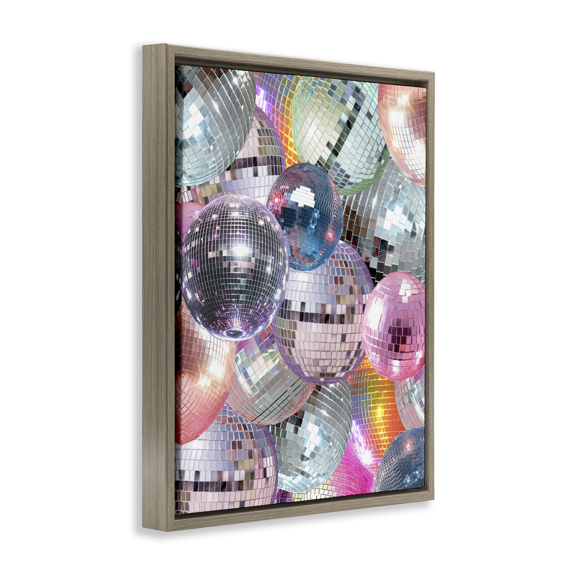 Stupell Industries Pastel Disco Balls Cluster Entertainment Painting Brown Floater Framed Canvas Art Print Wall Art, 17 x 21