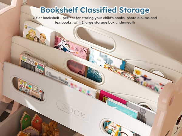 Kids Toy Storage Organizer with 12 Removable Toy Bins, Toy Organizer with 2 Tier Bookshelf for Playroom, Kids Room, Bedroom, Classroom