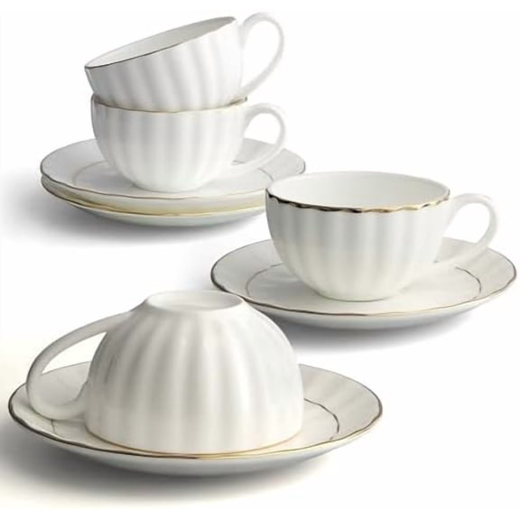 Tea Cup and Saucers Set of 4(6.09oz), Bone China Tea Cups with Gold Trim, White Teacup for Tea, Milk, Latte, Mocha, Espresso, Microwave & Dishwasher Safe, for Party Cafe Home