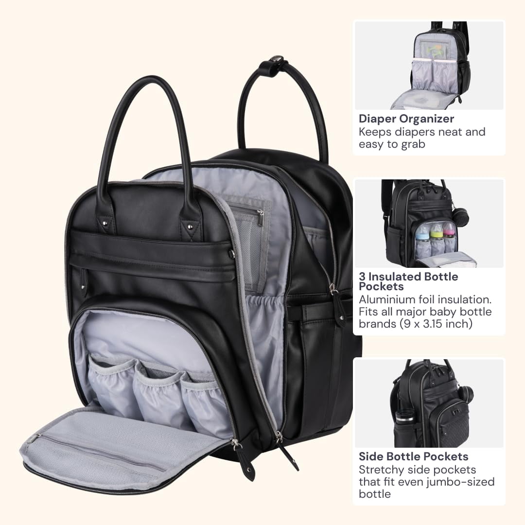 BabbleRoo Diaper Bag Backpack, Multifunction Original Baby Diaper Bag with Insulated Pockets, Vegan leather, Black