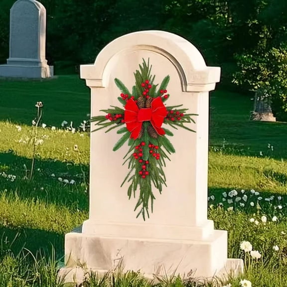 Easter Resurrection Garden Tomb Stone Decor, Religious Church Altar Scene Prop, Plastic Cross with Flowers Grave Marker Ornament, 23.6 Inch Cemetery Decor for Home Tabletop Display