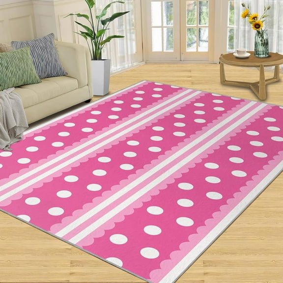 Simple Pink Rug, Modern White Polka Dots Kids Rug for Bedroom, Non-Shedding Non Slip Washable Rugs for Living Room Study Room Girls Room Playroom Classrom Rug 2x3ft
