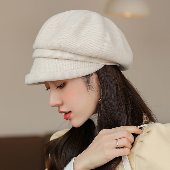 Opolski Women Beret Retro Thick Solid Color Casual Curled Edge Keep Warm Elegant Short Brim Octagonal Cap for Daily Wear Pink