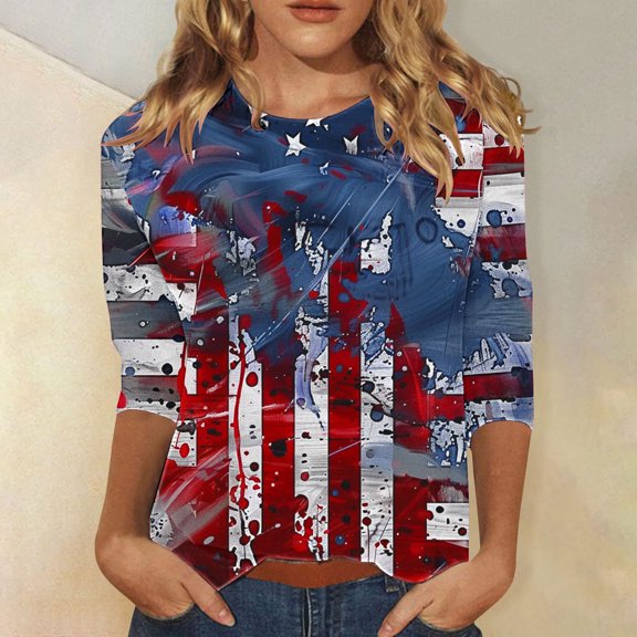 Cavosen Red White and Blue Shirts for Women 4th of July 3/4 Sleeve Crew Neck Tops USA Star Striped Print T Shirts Lady XL Red White and Blue Casual Tops Patriotic Tunic Tees Patriotic Clothes