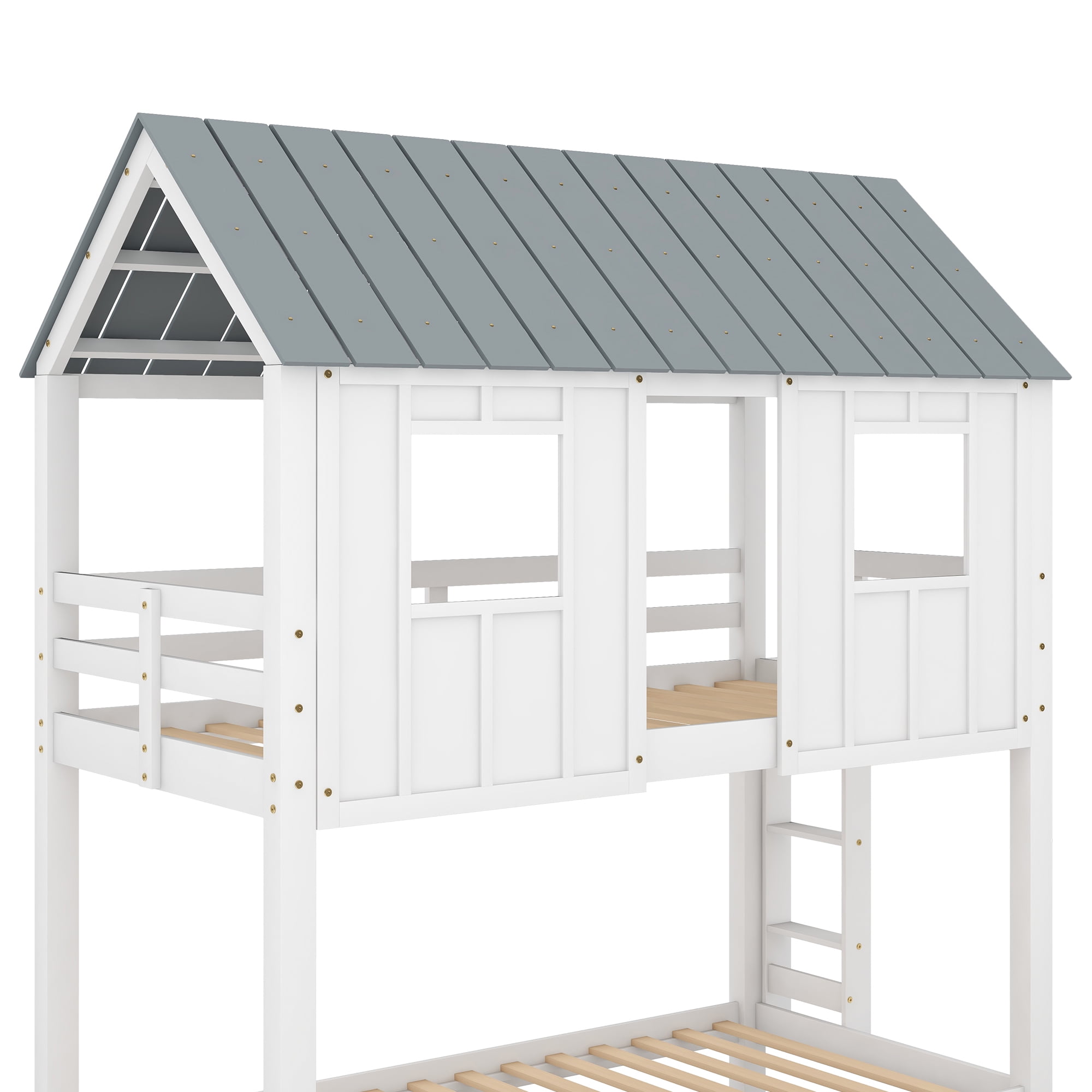 EUROCO Twin Size House Bunk Bed with Roof and Trundle for Kids Teens Bedroom, White