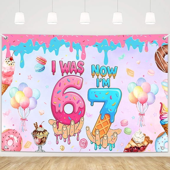 Sweet Ice Cream 7th Birthday Backdrop I was 6 Now I’m 7 Candy Birthday Background for Girls Boys Colorful Dessert 6 7 Birthday Party Decorations Banner Photo Studio Props