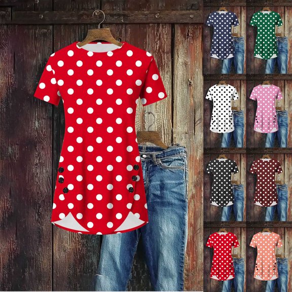 FRSASU Womens Summer Boho Tops Fashion Polka Dot Printed Short Sleeves Crewneck T-Shirt Front Curved Hem Flowy Tees Shirts White