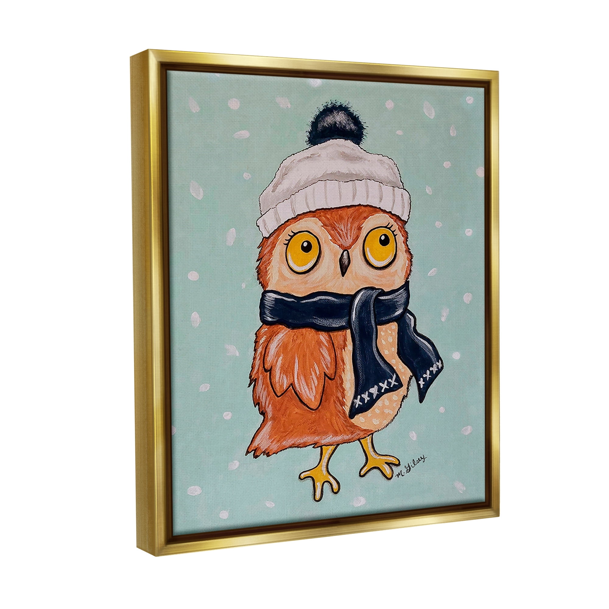 Stupell Industries Owl & Winter Scarf Animals & Insects Painting Gold Floater Framed Canvas Art Print Wall Art, 25 x 31