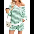 thumbnail image 3 of Conjunto de 2 Piezas de Rayas para Mujer: Sudadera de Larga y Pantalones Cortos Verde M, 3 of 10