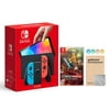 Nintendo Switch 2021 New OLED Model Neon Red and Blue Joy-Con 64GB Console HD Screen and LAN-Port Dock with Hyrule Warriors: Age of Calamity and Mytrix Joystick Caps and Screen Protector