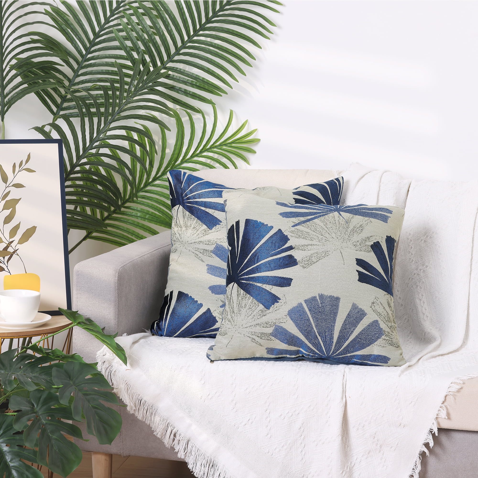 Unique Bargains 4 Pcs Leaf Pattern Cushion Cases Decorative Throw Pillow Covers Blue 18" x 18"
