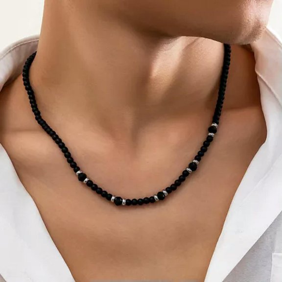 HOOUN Charm Natural Stone Beads Onyx Crystal Beads Necklace for Men Black Choker