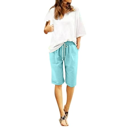 Women Summer Cotton Pants Workout Shorts Womens Plus Size High Waisted Women Shorts for Summer Knee Length Shorts Lacing Beach Workout Boy Shorts Underwear for Women Pocket Five Point Pants