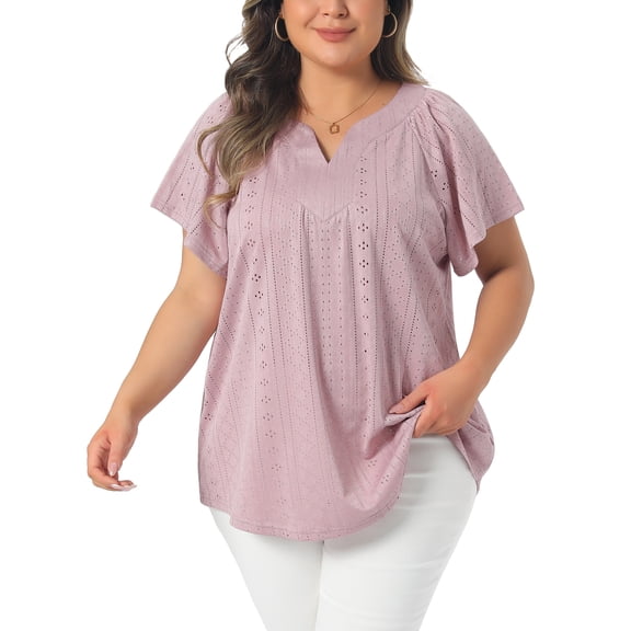 Agnes Orinda Women's Plus Size Top Eyelet Embroidery Notch V Neck Short Sleeve T-Shirts Hollow Out Casual Summer Blouse 1X Pink