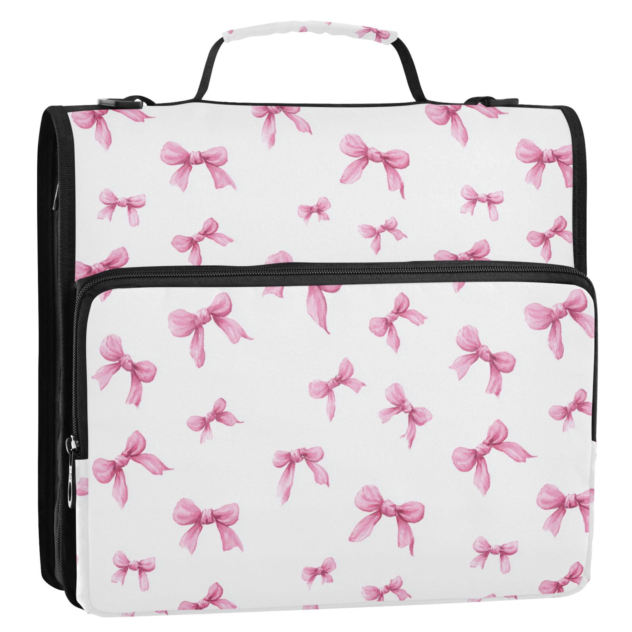 Zipper Binder Pink Bow 1.5 Inch Binder Folder Bag with Shoulder Strap and Handle