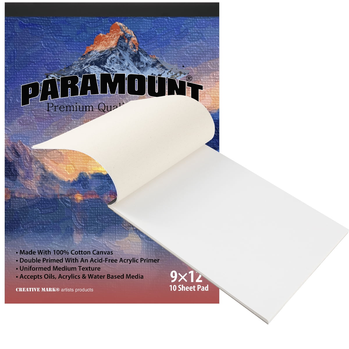 Paramount Universal Primed Premium Cotton White Canvas Pads - White - 9"x12" - 12 Pack - 120 Total Sheets - Universal Double Primed Cotton Canvas Pads for Drawing, Painting, Travel, & More