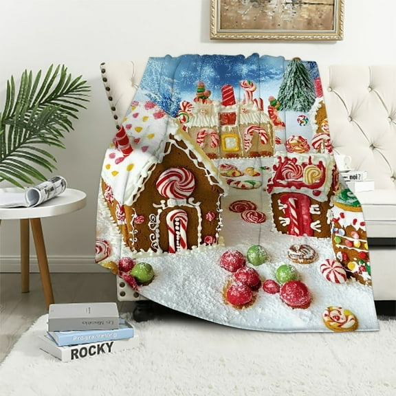 Pratyus Gingerbread Houses Candy Canes Snow Flannel Throw Blanket for Couch Sofa Bed, Christmas Home Decor Soft Plush Blankets for All Seasons 40x50in