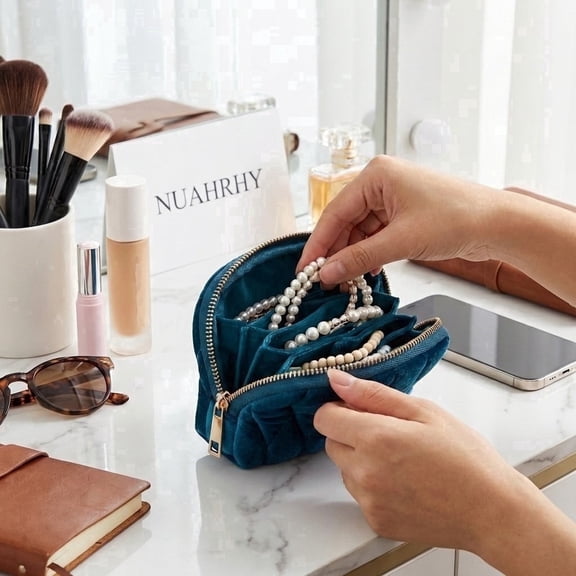 Travel Jewelry Case, Small Velvet Jewelry Organizer Pouch with Zipper, 5-Layer Mini Portable Storage Bag for Rings, Earrings, Necklaces and Bracelets, Peacock Blue