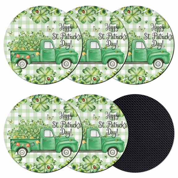 St. Patrick's Day Coasters Set of 6, Absorbent Coasters for Drinks, Green Shamrocks Truck Country Buffalo Plaid Coaster for Desk Coffee Table Protection, Home Decor House Warming Gifts 4"