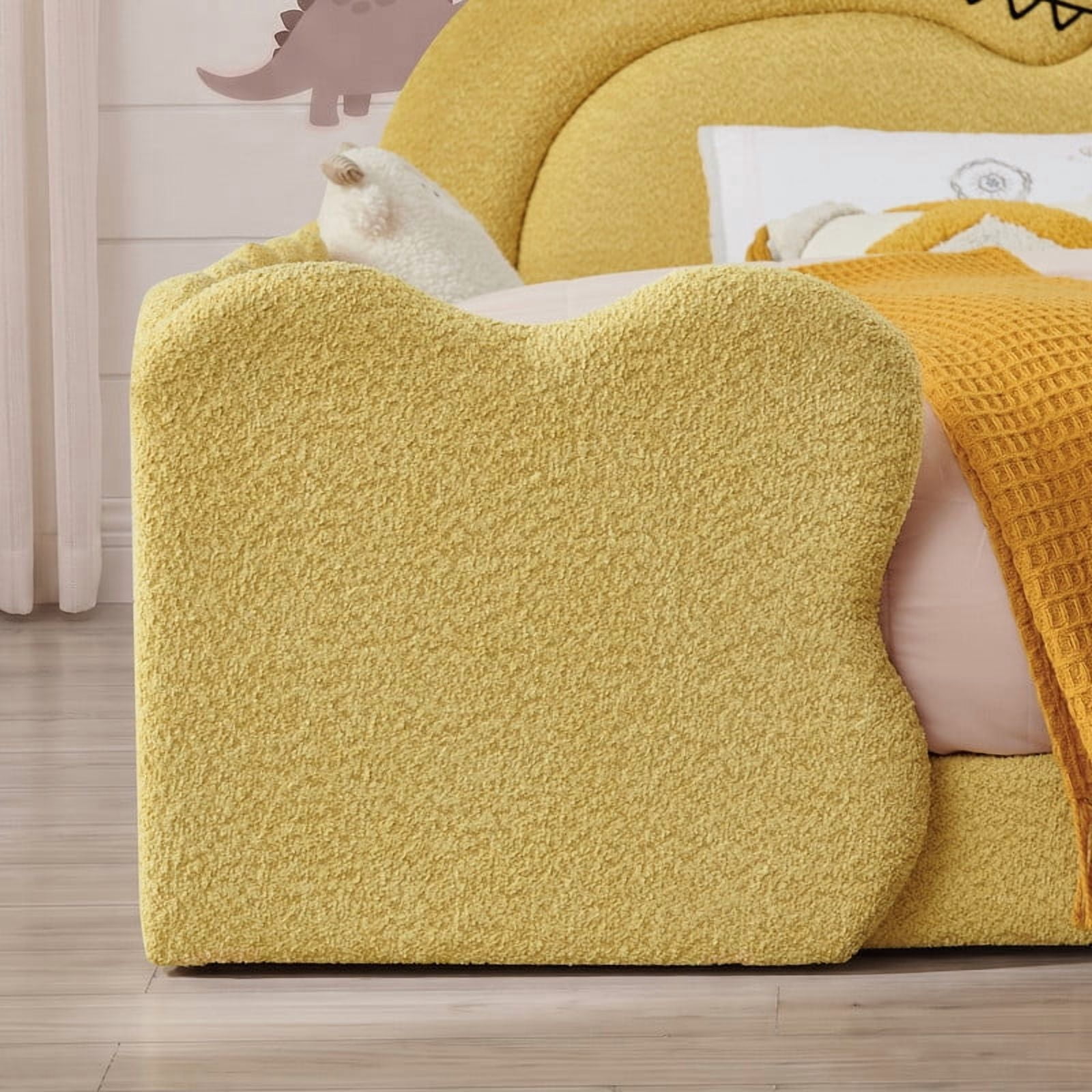 Full Size Kids Dinosaur-Shaped Platform Bed with Guardrails, Low-Profile Upholstered Boucle Fabric Playful Child Daybed Frame