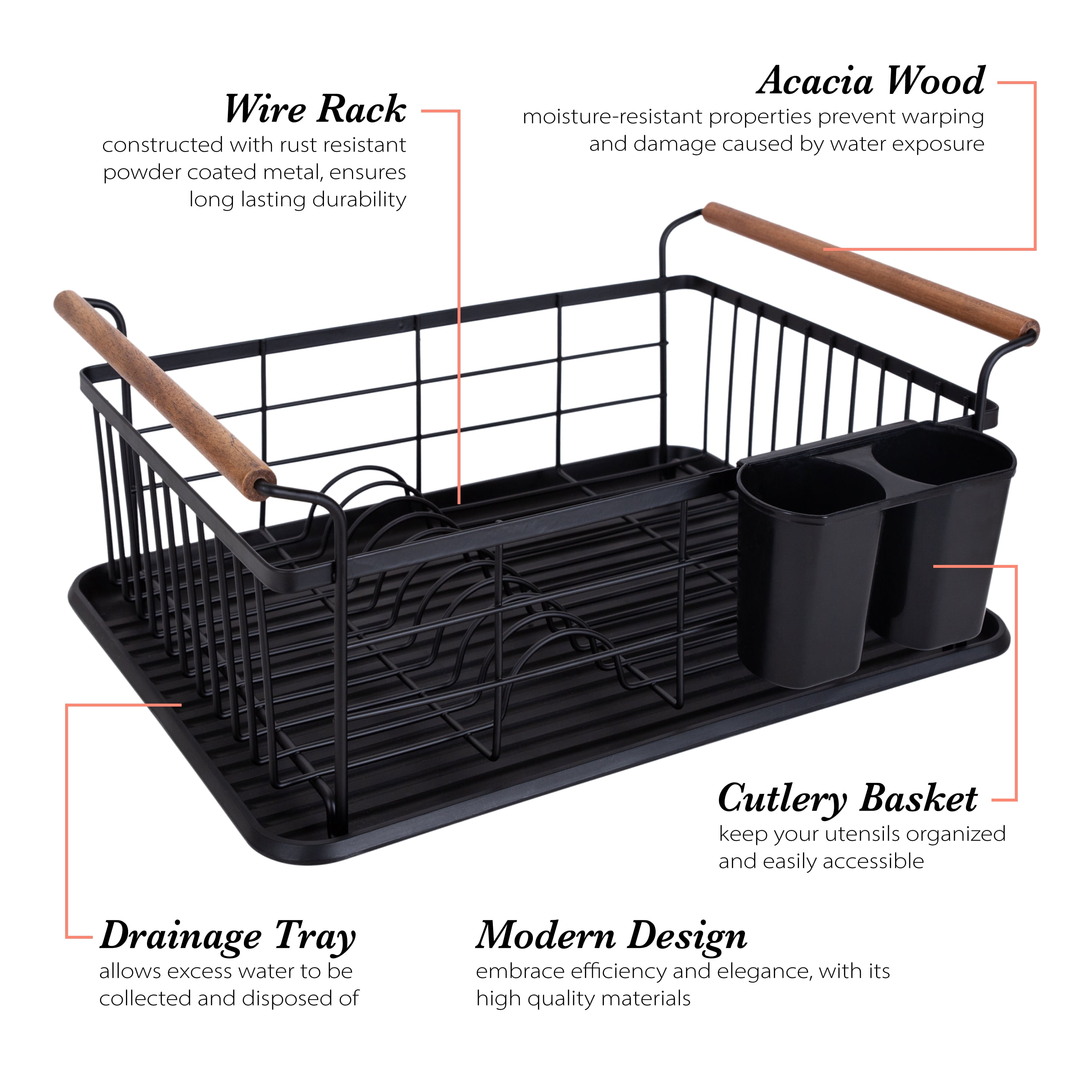 Kitchen Details Acacia Wood Drying Rack with Draining Tray in Black