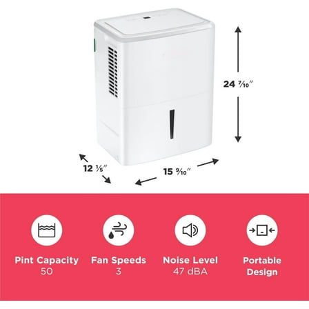 50-Pint Portable Dehumidifier with Wi-Fi and Energy Star Certification for Medium/Large Rooms & Basements, Custom Humidity Control, Auto Shut Off, White