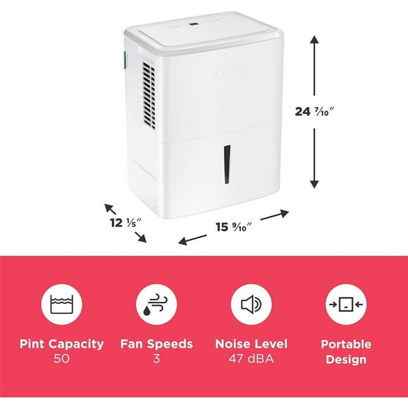 50-Pint Portable Dehumidifier with Wi-Fi and Energy Star Certification for Medium/Large Rooms & Basements, Custom Humidity Control, Auto Shut Off, White