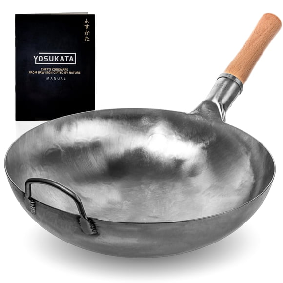 Woks y sartenes para saltear de acero al carbono con fondo redondo de 14” YOSUKATA – Wok sin sazonar para saltear, asar, parrillar y acampar – Sartén tradicional japonesa y china martillada a mano – E