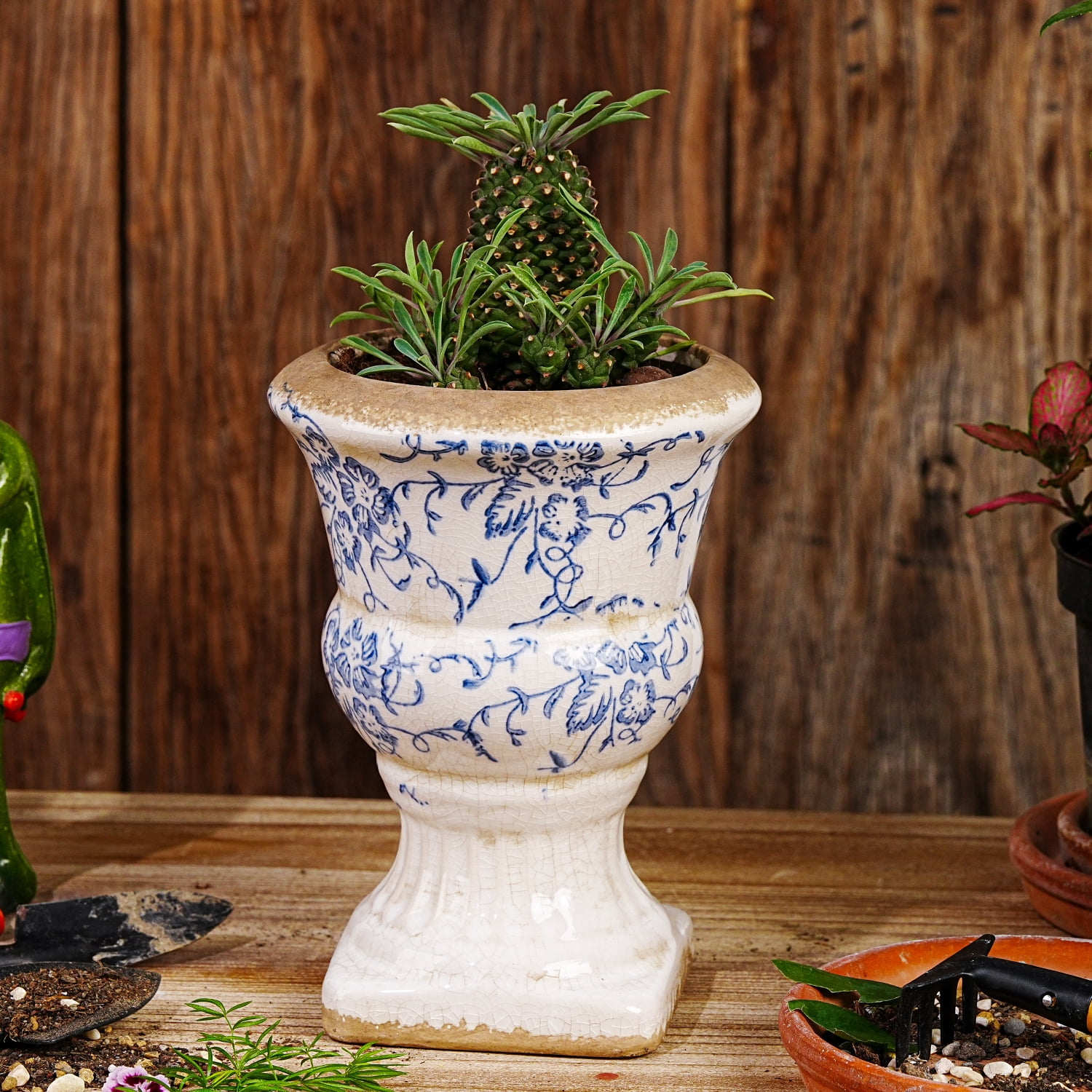Sungmor Small Ceramic Urn Planter - Blue and White Floral Pedestal Flower Pot, Decorative Vintage Chinoiserie Style Planters, Tuscan Accent Vase Indoor Outdoor Plant Holder with Drainage