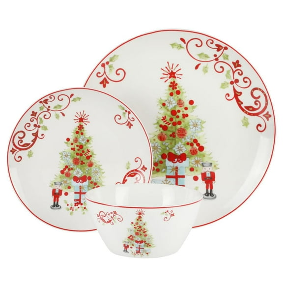 Gibson Festive Tree 12 Piece Dinnerware Set - Decorated, Fine Ceramic