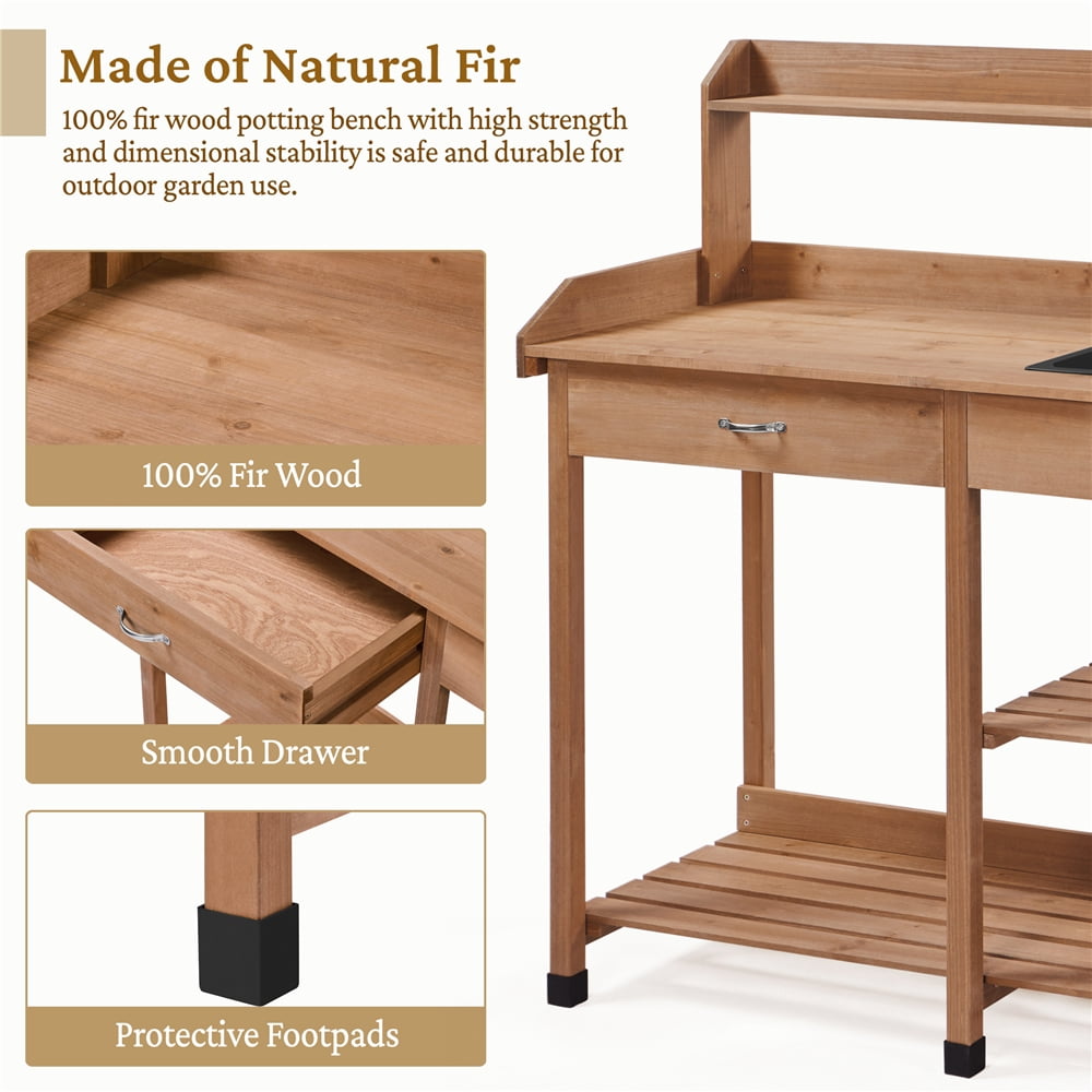 Renwick Garden Potting Bench with Basin & Drawer, Brown