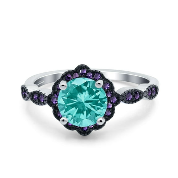 Flower Ring Amethyst Simulated Paraiba Tourmaline CZ 925, Sterling Silver Size 5