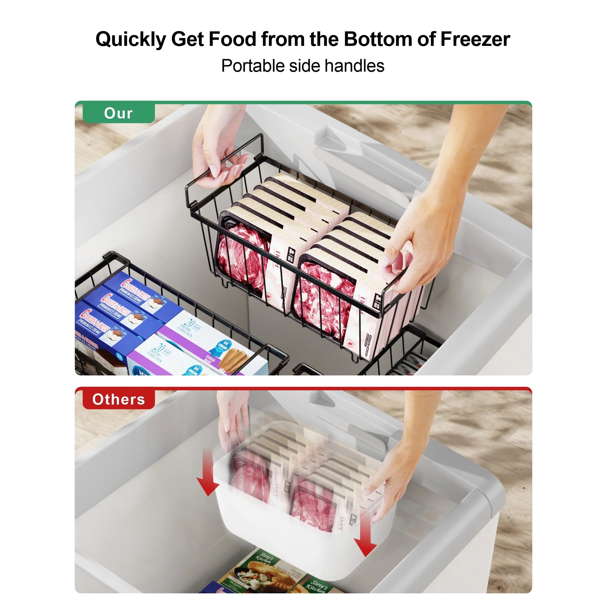 TEAFIRST 4 Pcs Stackable Freezer Baskets, Organizer Bins with Handle for 7 Cu.FT Chest Freezer Black