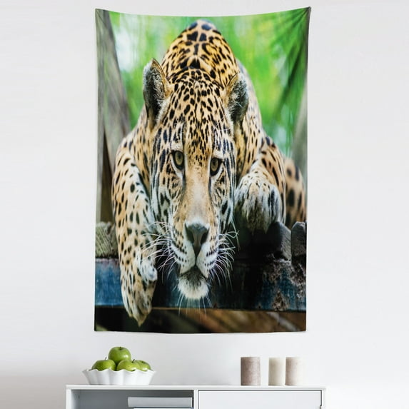Jungle Tapestry, South American Jaguar Wild Animal Carnivore Endangered Feline Safari Image, Fabric Wall Hanging Decor for Bedroom Living Room Dorm, 5 Sizes, Orange Black Green, by Ambesonne