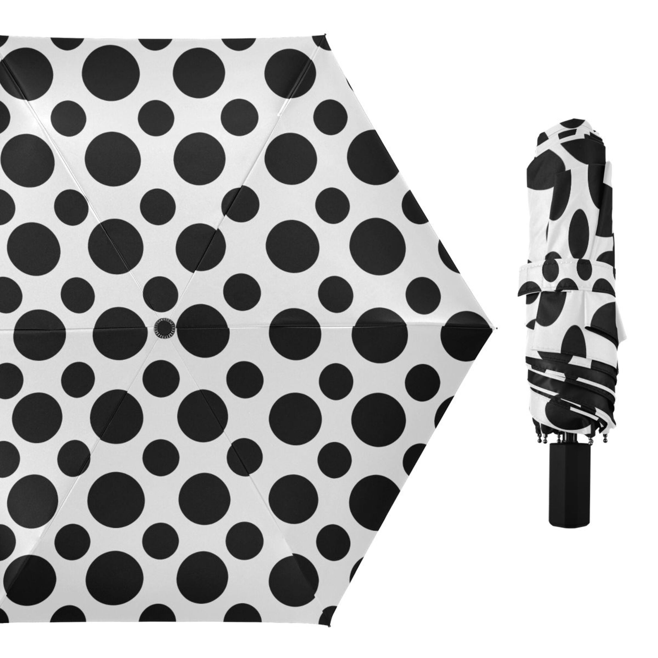 Black Polka Dots on White Compact Folding Umbrella for Rain Windproof Travel Umbrella UPF 50+ Lightweight Packable Arc Size