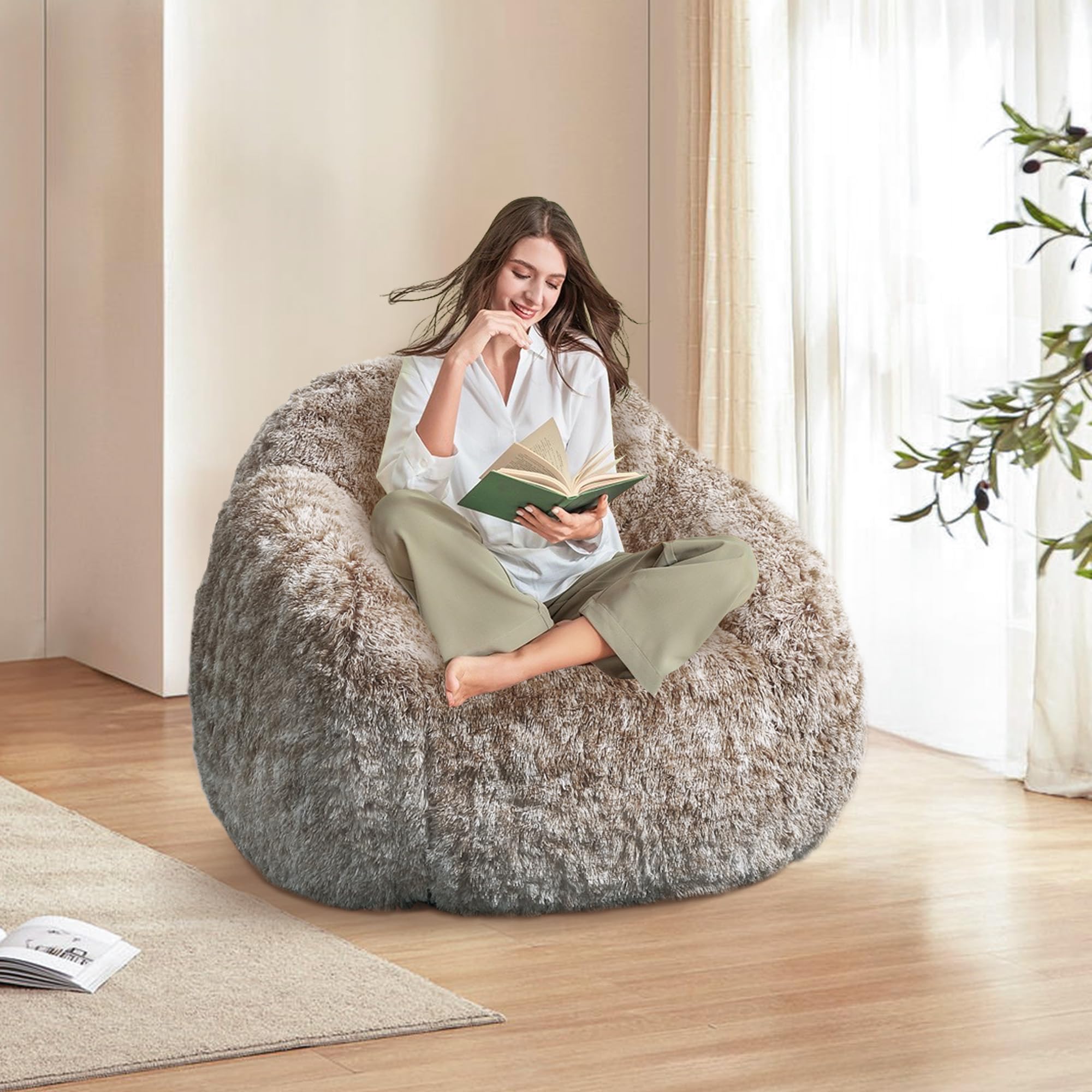 BouPower Bean Bag Chair for Adults, Plush Fluffy Faux Fur Sofa, Premium High-Density Sponge Filler Ergonomic Backrest & Armrests, Removable Washable Cover Comfy Lazy Chair for Bedroom Living Room